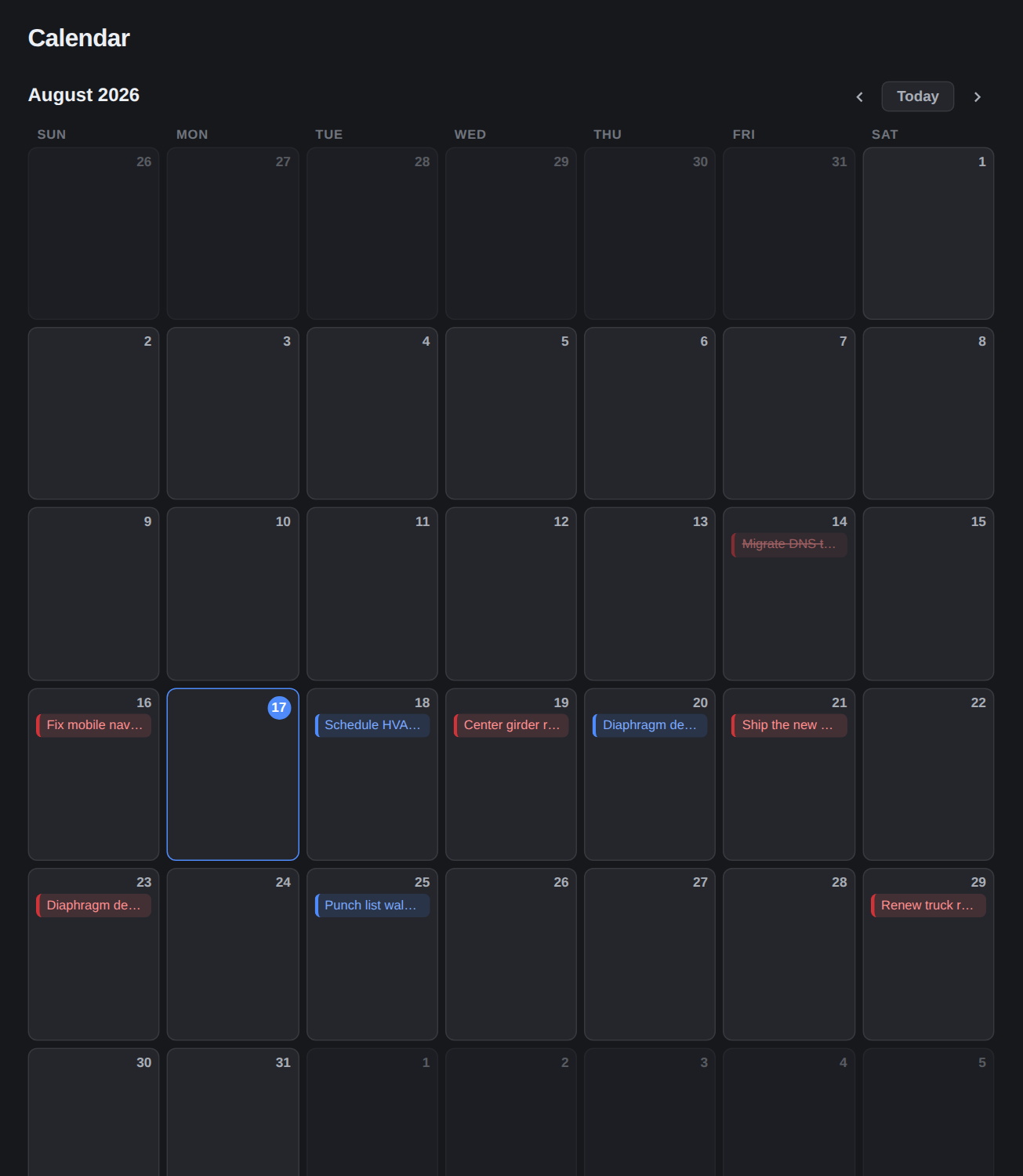 Month calendar with draggable task chips