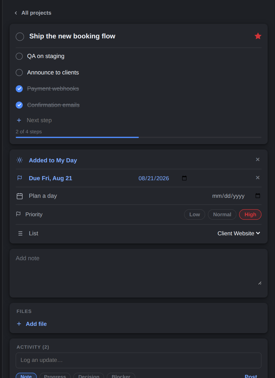 Task detail pane with steps, dates and activity