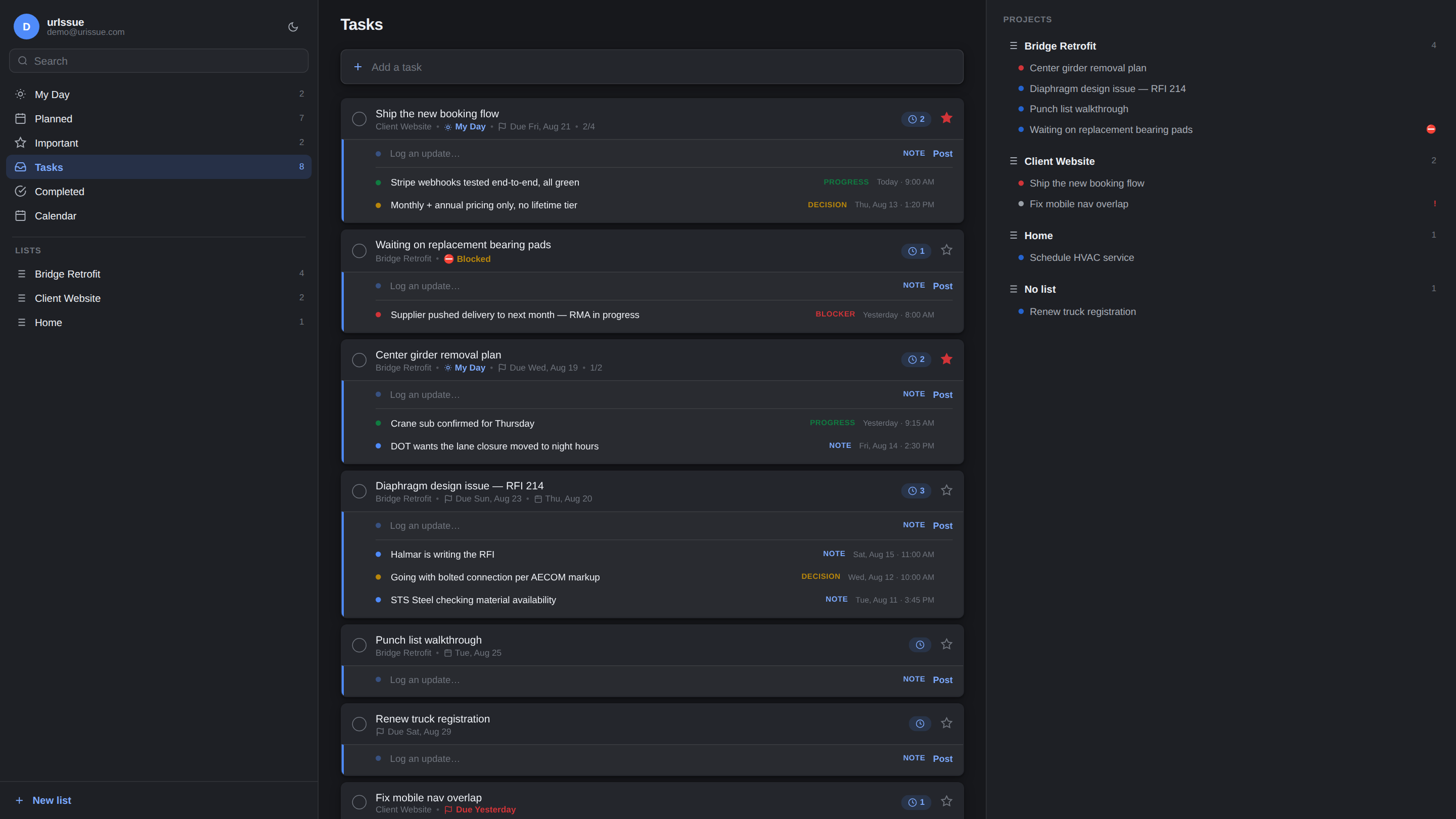 The urIssue dashboard — tasks with their tracking timelines, projects tree, and smart views